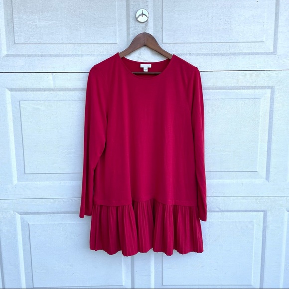 J Jill Womens Shirt Tunic Red Pleated Hem Pullover Long Sleeve Vented Large - Picture 2 of 9
